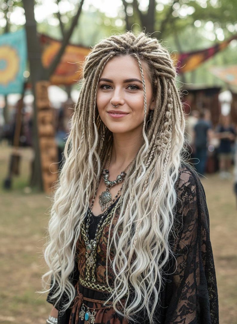 Model in full blonde boho hairstyle with long DE waves in premium natural festival style