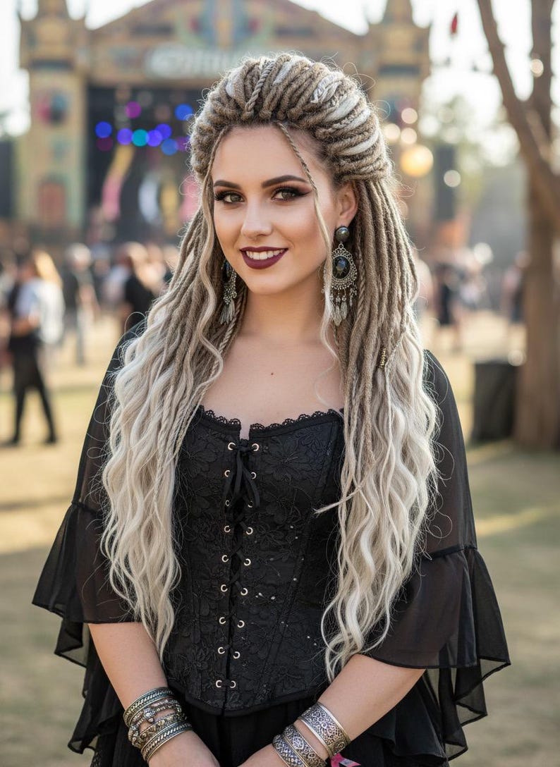 Woman wearing long blonde DE dreadlocks in boho festival outfit with soft flowing waves