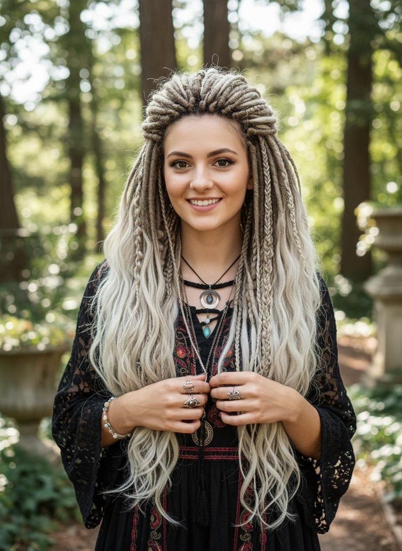 Woman wearing long blonde DE dreadlocks with natural waves in outdoor boho festival setting