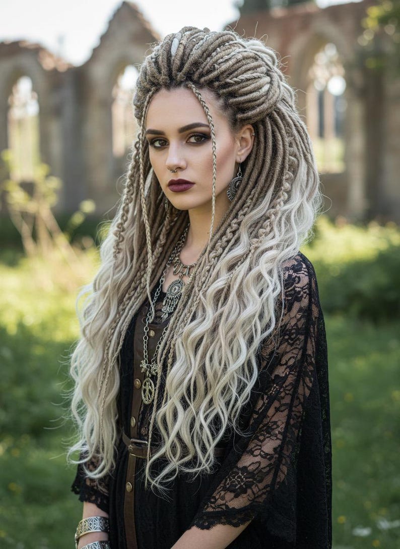 Side view of model wearing blonde DE dreadlocks with natural volume and soft boho waves