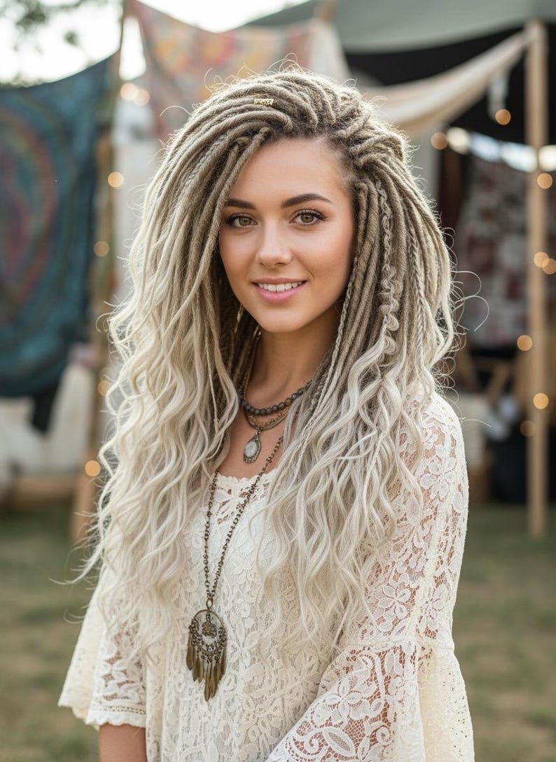 Main photo of model wearing full blonde DE dreadlock set with natural sun kissed waves