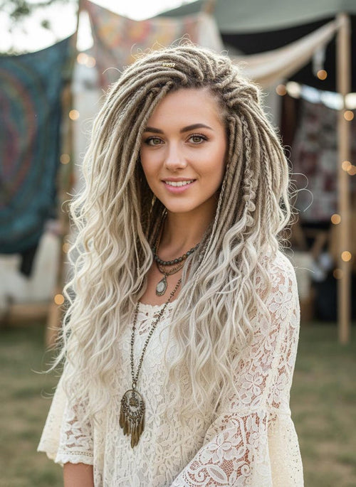 Main photo of model wearing full blonde DE dreadlock set with natural sun kissed waves