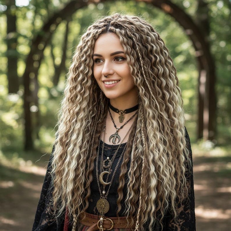 Woman with blonde brown curly dreadlocks smiling under wooden garden archway, boho style