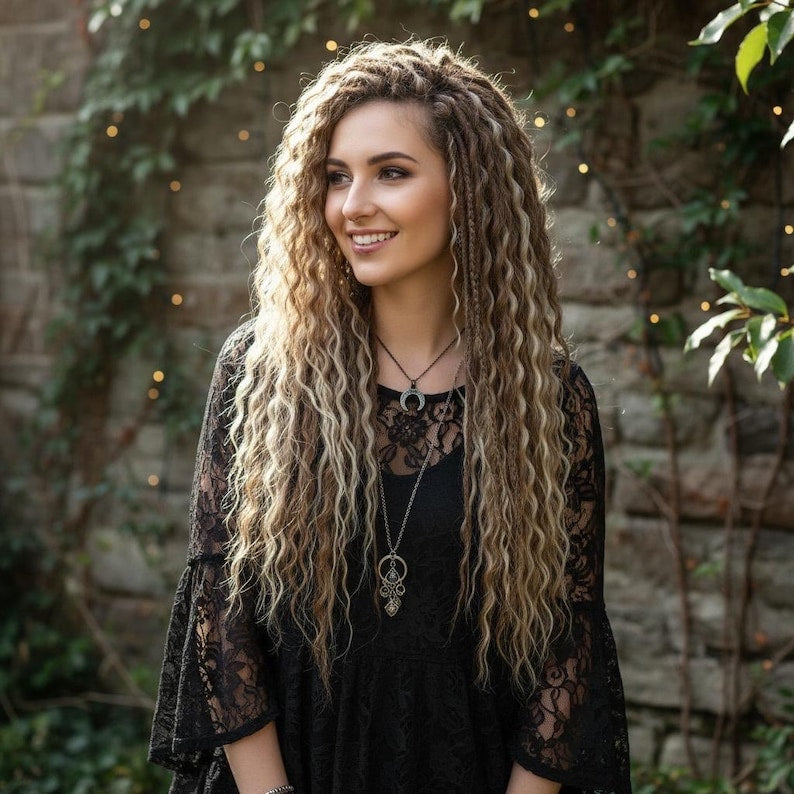 Woman with blonde brown DE dreadlocks standing under stone archway with string lights