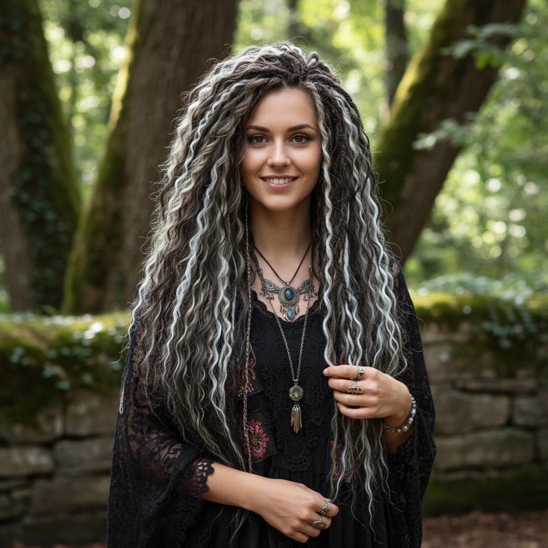 Lifestyle photo featuring handmade ash blonde dreadlock extensions styled with boho clothing