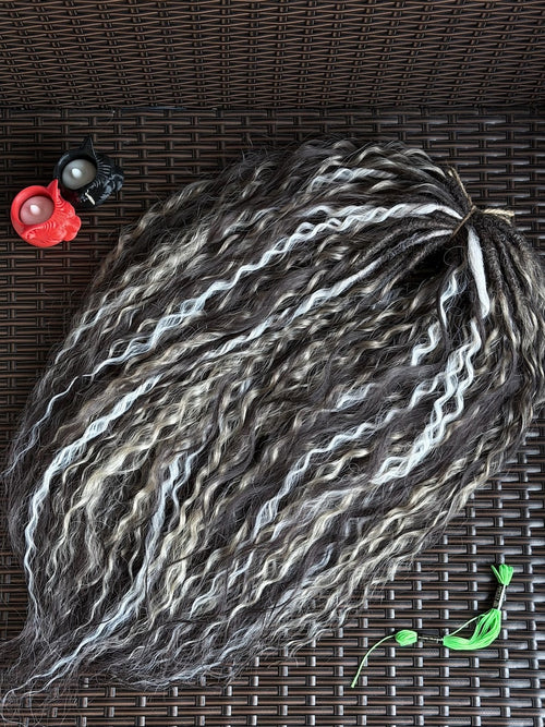 Complete handmade DE dreadlock set with ash blonde, silver gray and espresso brown shades