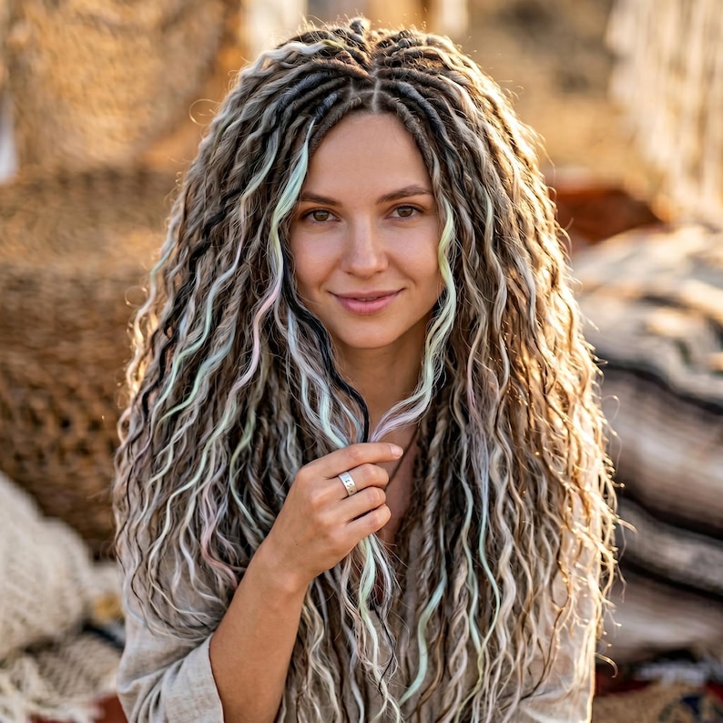 Woman wearing luxury pastel ash blonde dreadlocks with soft natural waves outdoors