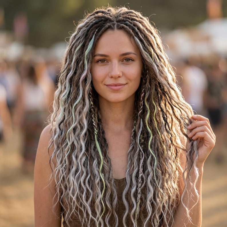 Woman wearing pastel boho DE dreads with natural ash blonde waves at outdoor festival