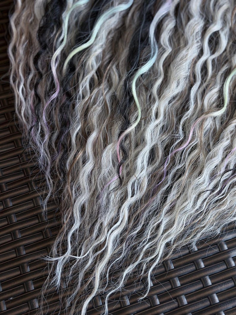 Long pastel moonstone dreadlock set with soft curls and realistic boho texture