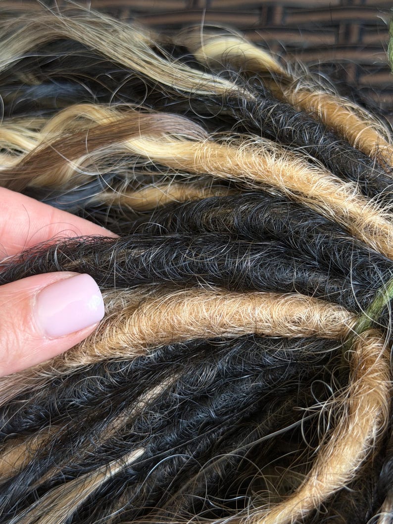 Soft lightweight DE dreadlocks with black and sandy blonde textured waves