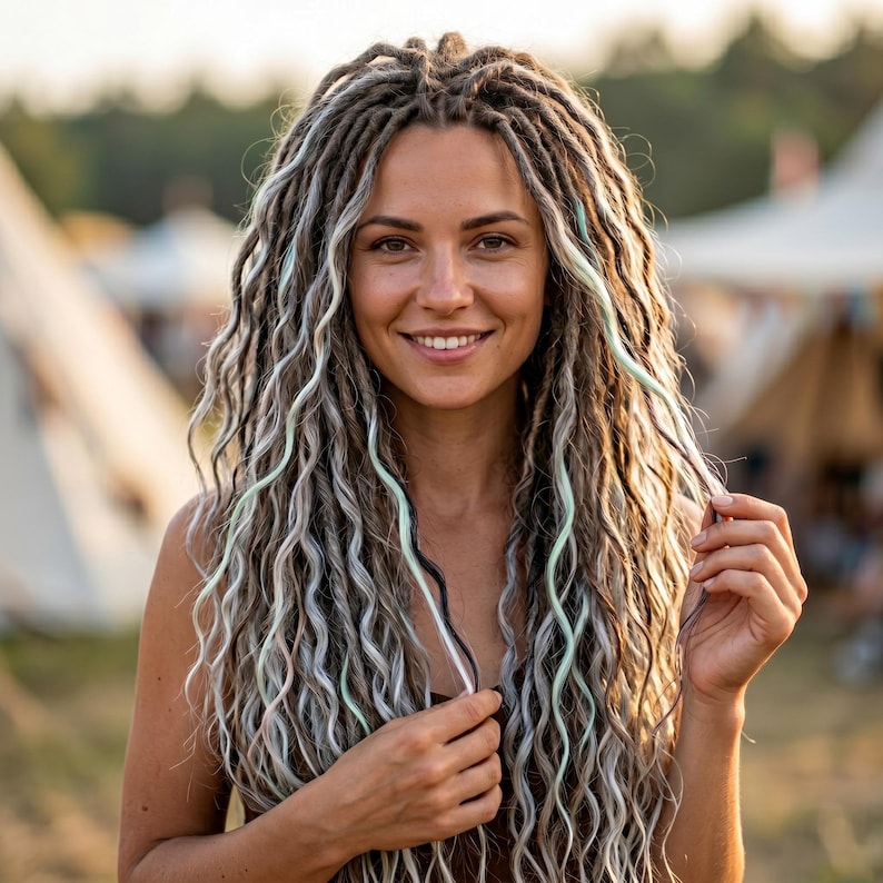 Festival hairstyle with handmade ash blonde DE dreads and subtle pastel highlights