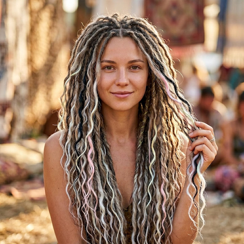 Boho festival hairstyle with long pastel moonstone synthetic dreadlocks and soft waves