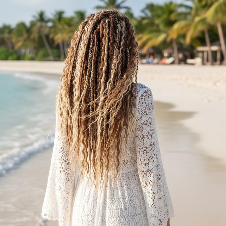 Back view of woman on tropical beach showing full length blonde brown DE dreadlock extensions