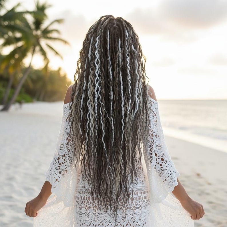 Back view of handmade double ended dreadlock extensions showing full length and natural movement