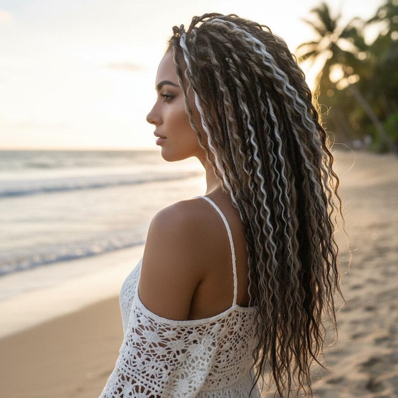 Side profile wearing handmade ash blonde and gray DE dreadlock extensions