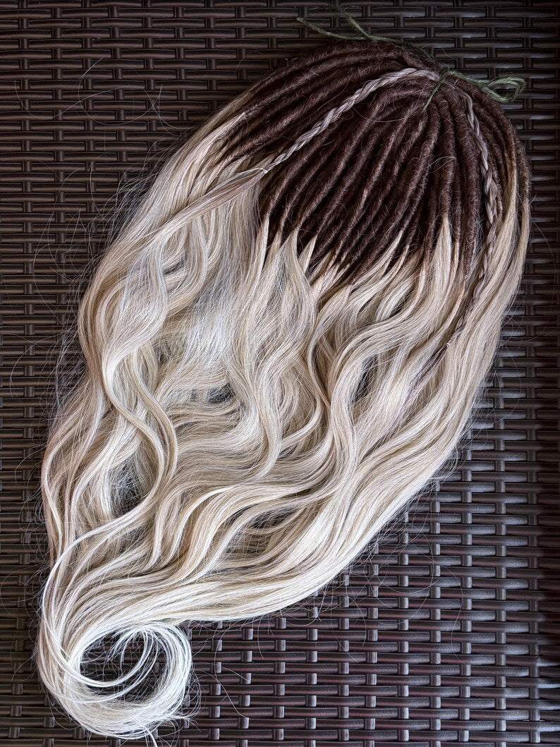 Handmade natural blonde DE dreadlock set with chocolate brown roots and soft wavy ends