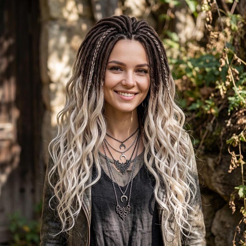 Luxury natural blonde DE dreadlock extensions handmade with premium synthetic hair on model outdoors
