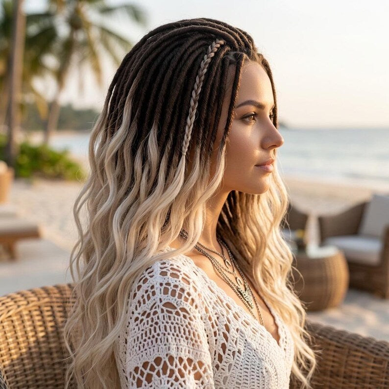 Side view of realistic blonde DE dreadlocks with handmade double ended dread extensions